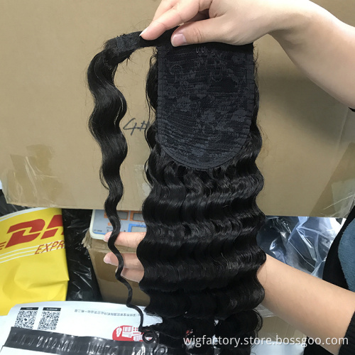 factory price good quality ponytail human hair extensions,100% brazilian human hair deep wave curly ponytail,clip in ponytails